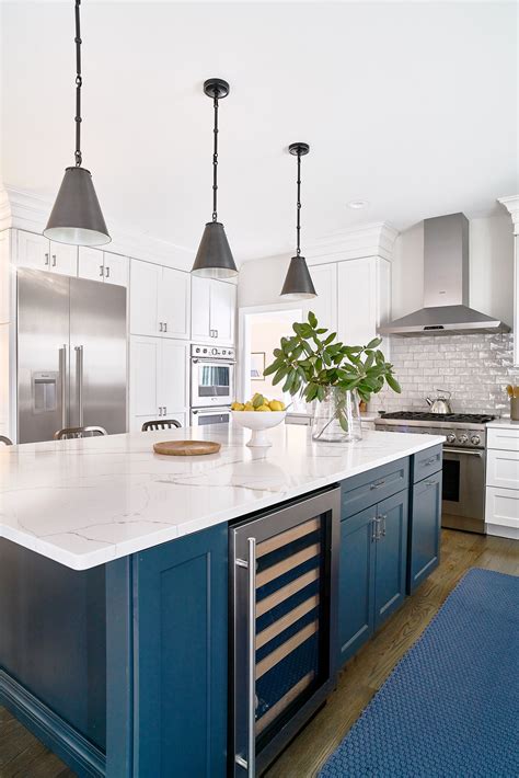 images of blue kitchen islands.